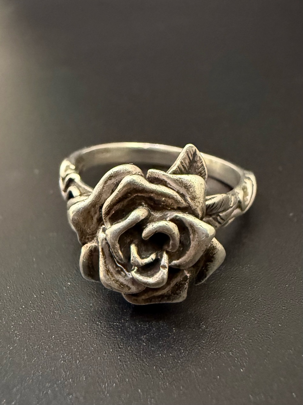 Vintage Signed MARAVA Oxidized Sterling Silver Full Bloom 3D Rose Ring Size 9